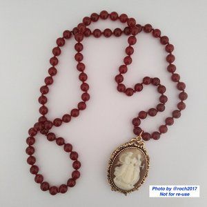 Cameo Locket Garnet Bead Necklace